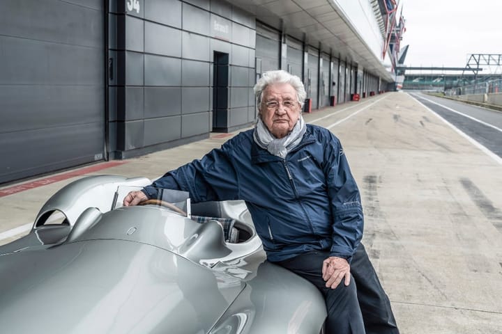 Hans Herrmann, Mercedes-Benz works racing driver in 1954 and 1955. Photo from the Mercedes-Benz Classic Insight "125 Years of Motorsport" in April 2019 in Silverstone, Great Britain